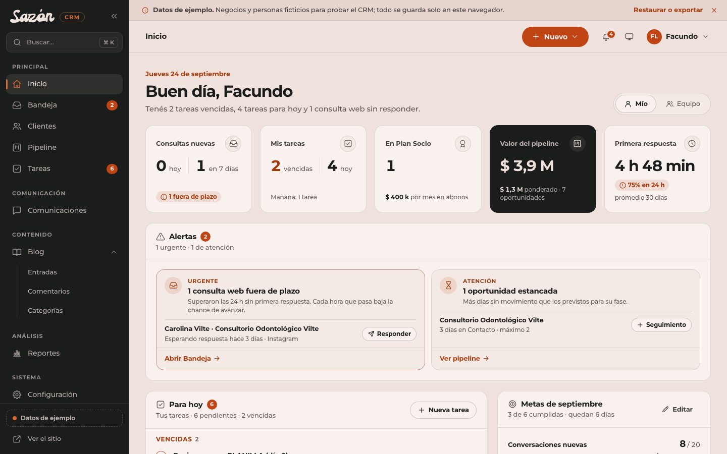 Inicio del CRM de Sazón con datos de ejemplo: saludo del día, indicadores de consultas, tareas y pipeline, y alertas de lo que está demorado